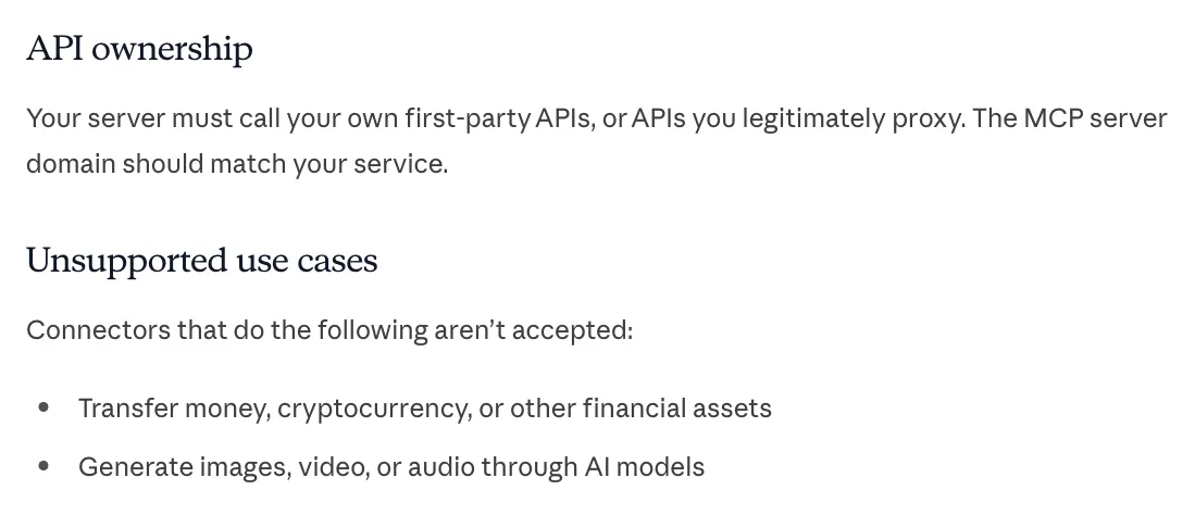 Anthropic’s connector checklist: your server must call your own first-party APIs, or APIs you legitimately proxy