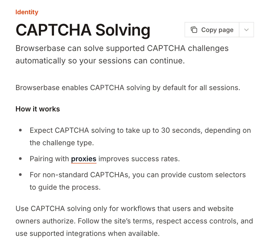 Browserbase docs page saying CAPTCHA solving is on by default, with a note to use it only where users and website owners authorize it