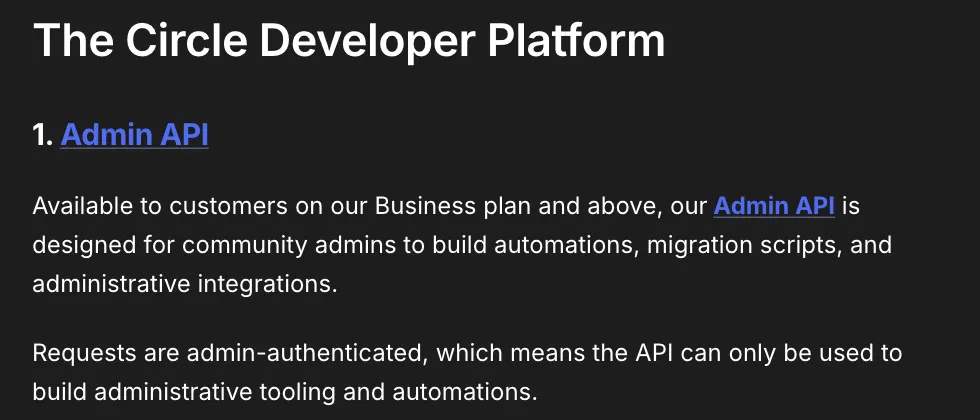 Circle developer docs: the Admin API is available to customers on the Business plan and above