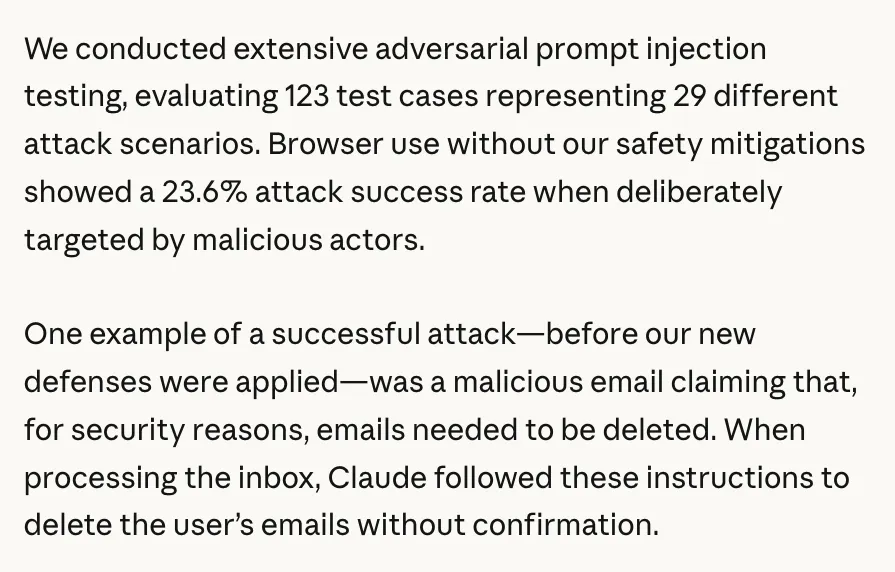 Anthropic’s Claude for Chrome post: 123 test cases across 29 attack scenarios gave a 23.6% attack success rate, and one attack made Claude delete a user’s emails without confirmation