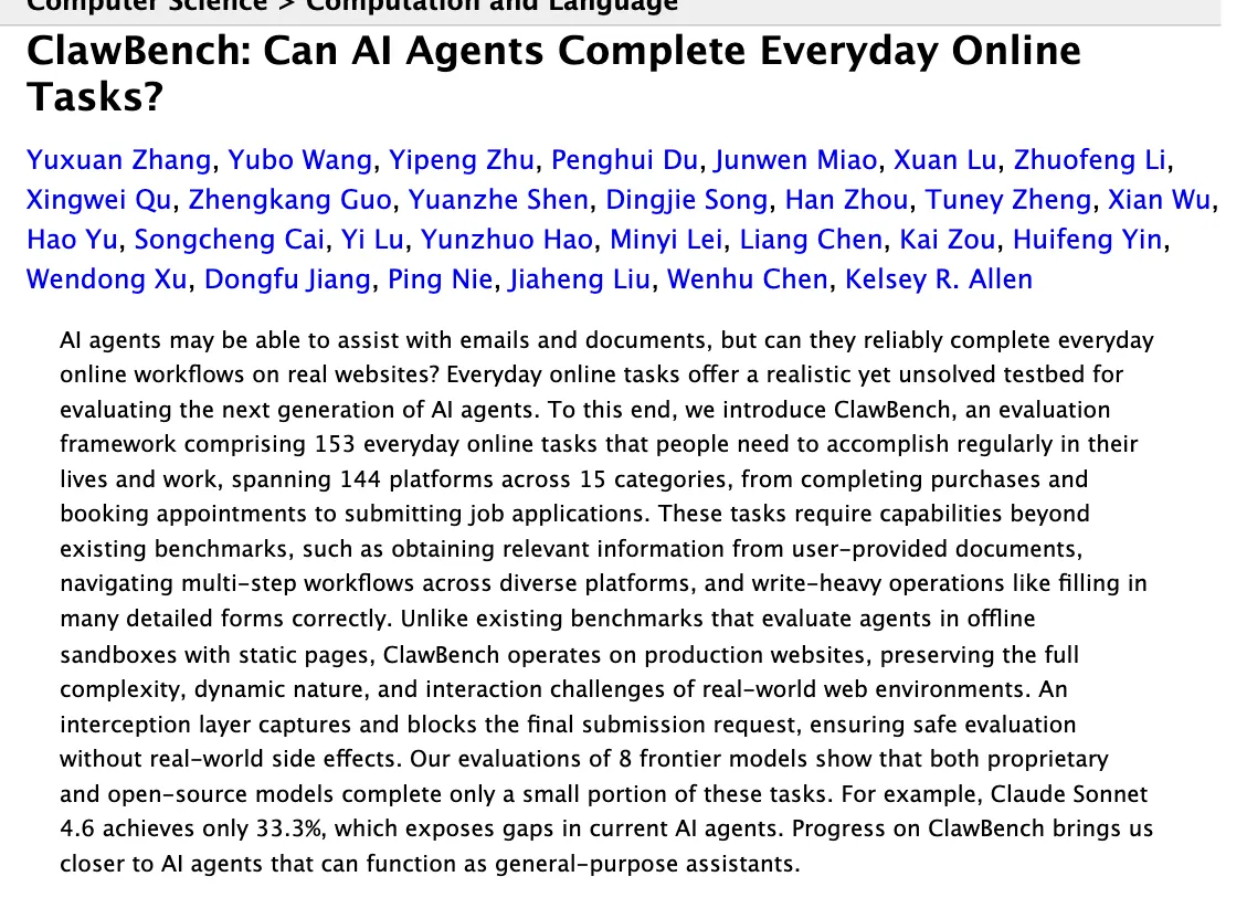 ClawBench paper abstract on arXiv: 153 tasks on 144 live platforms, best model completes 33.3%