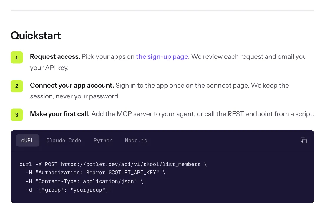 Cotlet docs quickstart: request access, connect your app account once, then make the first call with one API key