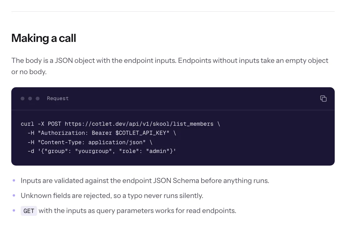 Cotlet REST API docs, Making a call: a curl request to a tool endpoint and the note that inputs are validated against the endpoint JSON Schema