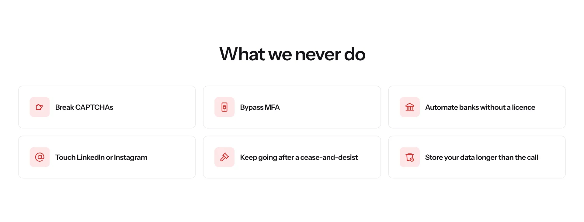 Cotlet security page, What we never do: break CAPTCHAs, bypass MFA, automate banks without a licence, touch LinkedIn or Instagram, keep going after a cease-and-desist, store your data longer than the call