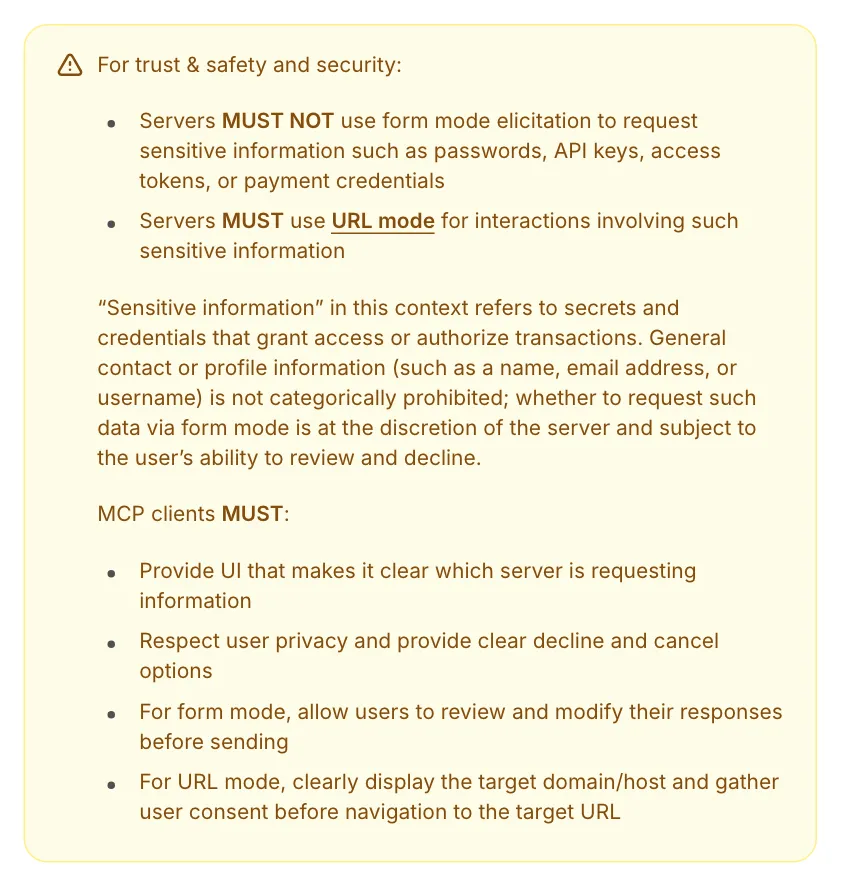 MCP specification warning: servers must not use form mode to request passwords, API keys, access tokens or payment credentials, and must use URL mode