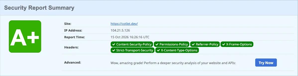 securityheaders.com report for cotlet.dev: grade A+ with all six security headers