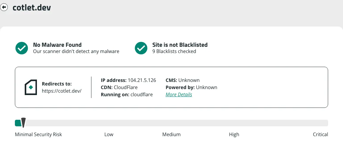 Sucuri SiteCheck report for cotlet.dev: no malware found, not blacklisted on 9 blocklists, minimal security risk
